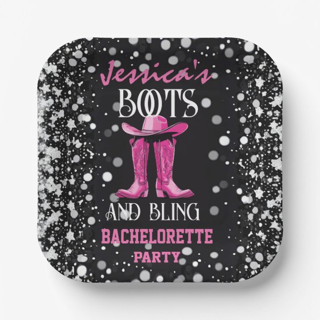 Pink Boots and Bling Bachelorette Party Paper Plates (Front)