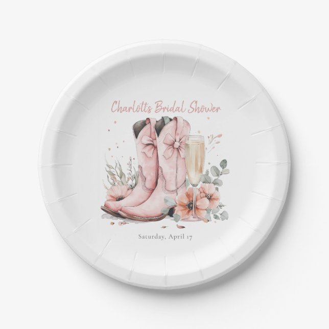 Pink Boots & Bubbly Champagne Glass Bridal Shower  Paper Plates (Front)