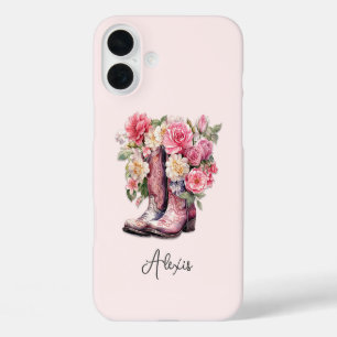 Pink Boots with Flowers Monogrammed iPhone 16 Plus Case