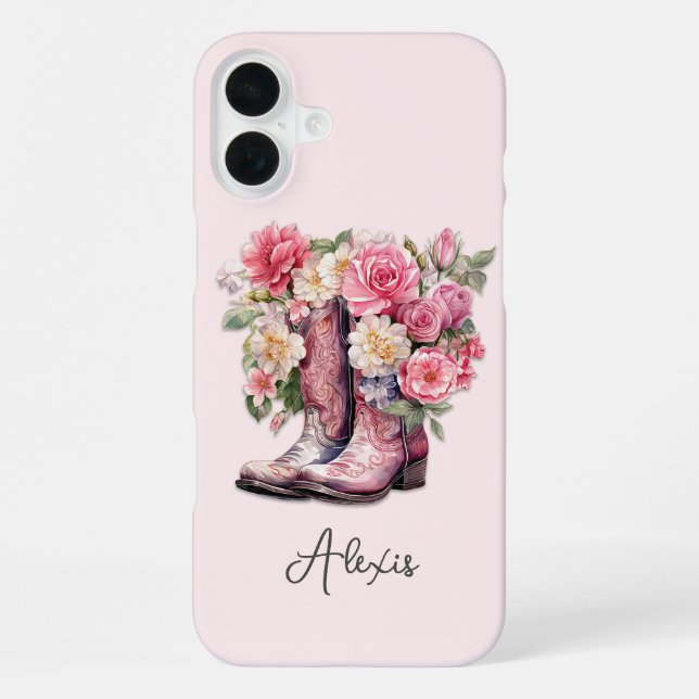 Pink Boots with Flowers Monogrammed Iphone Case (Back)