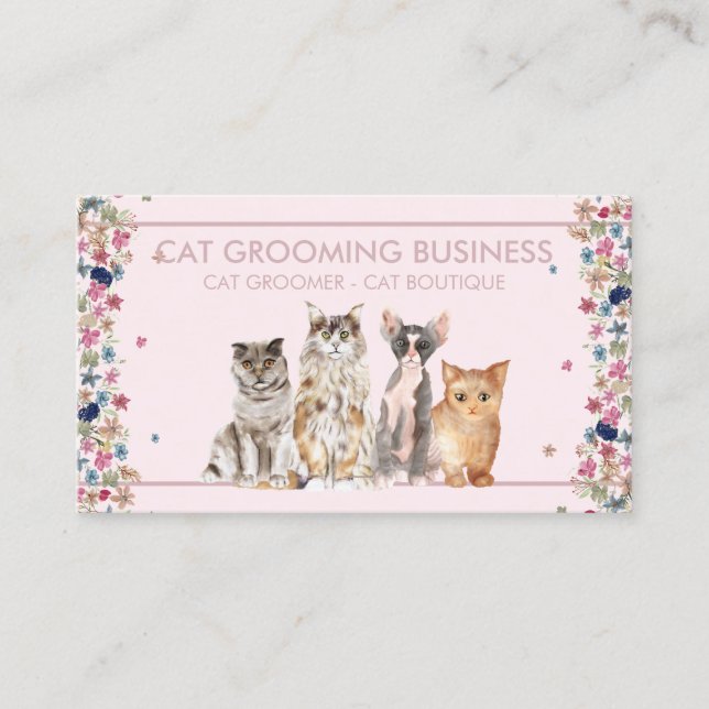 Pink Border Floral Frame Cat Love Pet Paws Business Card (Front)
