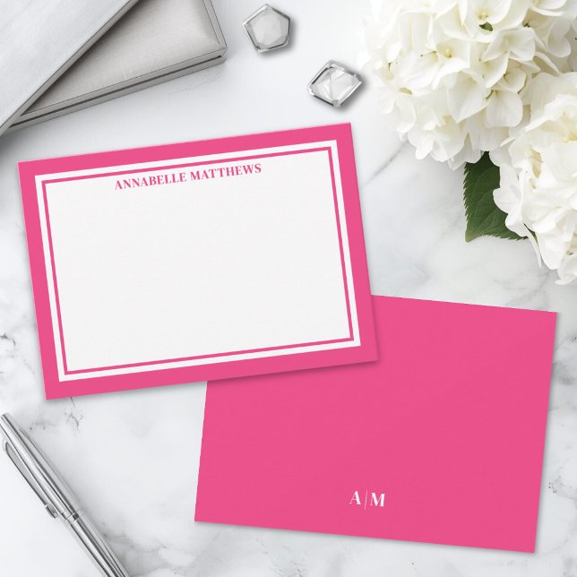 Pink Border Minimalist Name Monogram Note Card (Pink Border Minimalist Name Monogram Note Card )