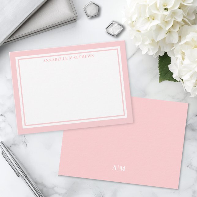 Pink Border Minimalist Name Monogram Note Card (Pink Border Minimalist Name Monogram Note Card )