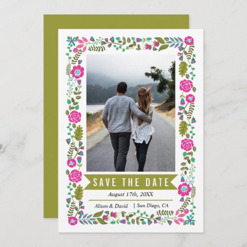 Pink border olive green wedding Save the Date