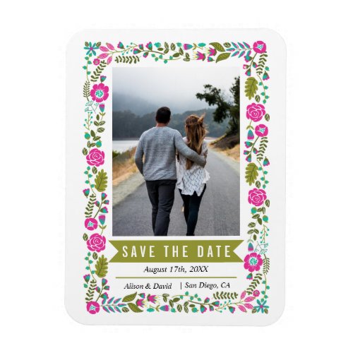Pink border olive green wedding Save the Date Magnet