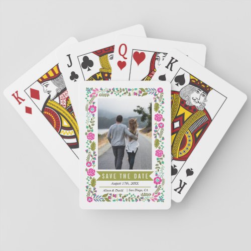 Pink border olive green wedding Save the Date Playing Cards