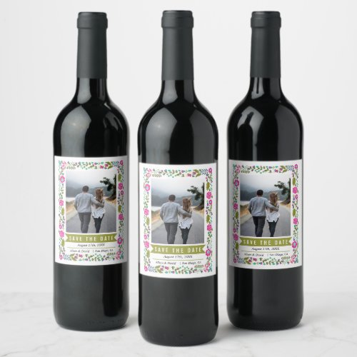 Pink border olive green wedding Save the Date Wine Label