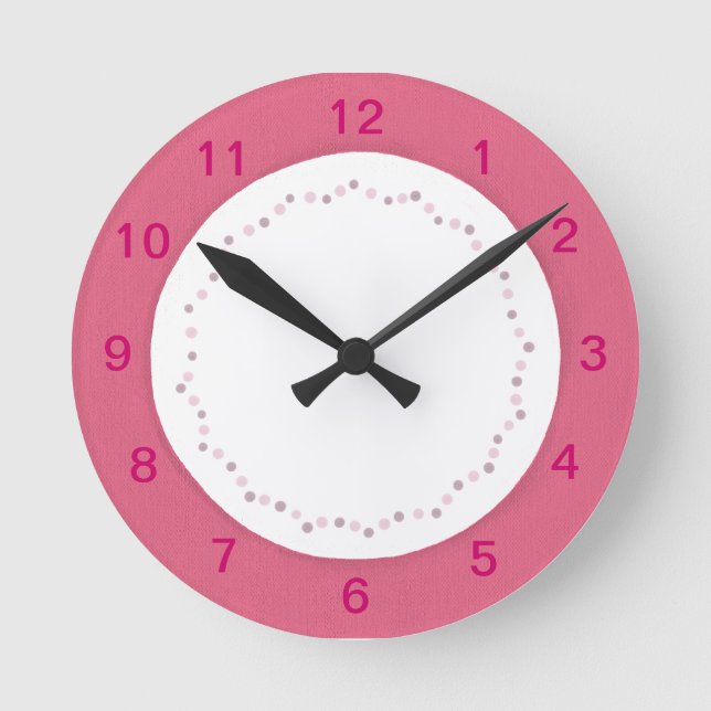 Pink border on white, polka dots wall clock (Front)