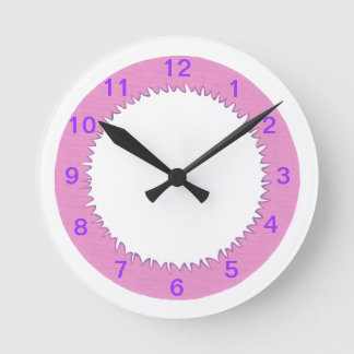 Pink border on white, purple numbers wall clock