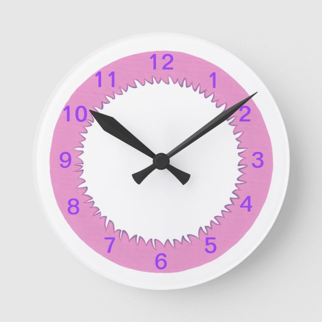 Pink border on white, purple numbers wall clock (Front)