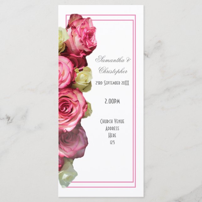 Pink border rose church wedding program (Front)