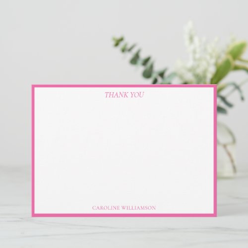 Pink Border White Personalized Name Serif Elegant Thank You Card