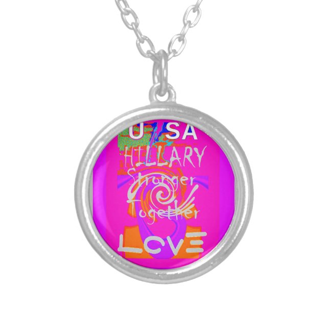 Pink Bordered Hillary Inspiration Art Print Silver Plated Necklace (Front)