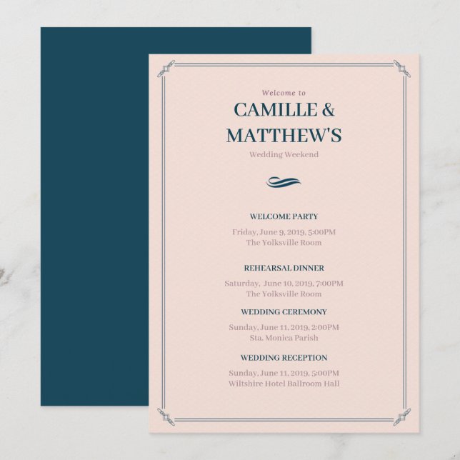 Pink Bordered Wedding Itinerary Invitation (Front/Back)