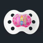 Pink Born To Surf Pacifier<br><div class="desc">Pink Retro Born To Surf. 3 vintage style surfboards with the message Born To Surf. Pink background with Hawaiian Honu Sea Turtles and pink hibiscus flowers.</div>