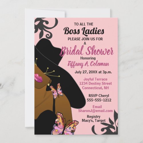 Pink Boss Lady African American Bridal Shower Invitation