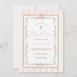 Pink Botanical Baptism Girl Christening Invitation