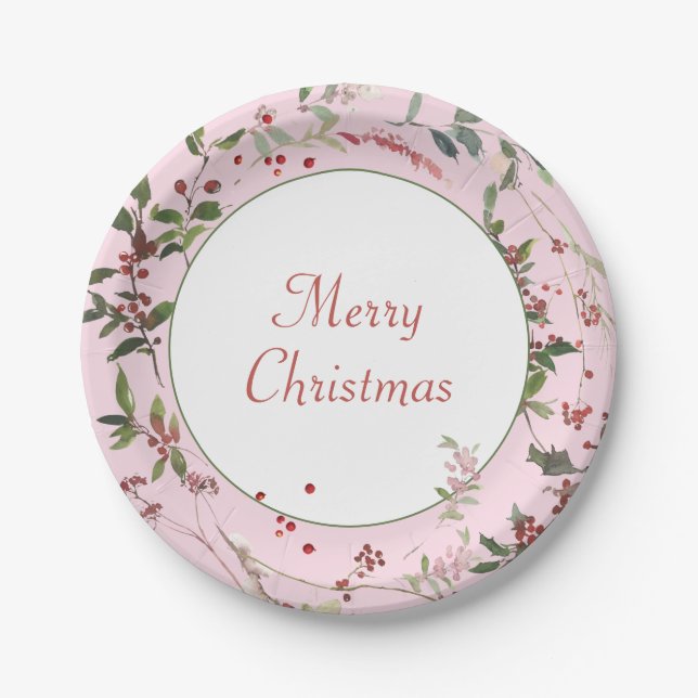 Pink Botanical Berries and Leaves Christmas  Paper Plates (Front)