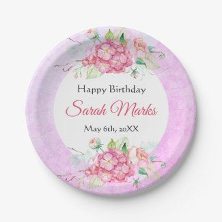 Pink Botanical Birthday Paper Plate