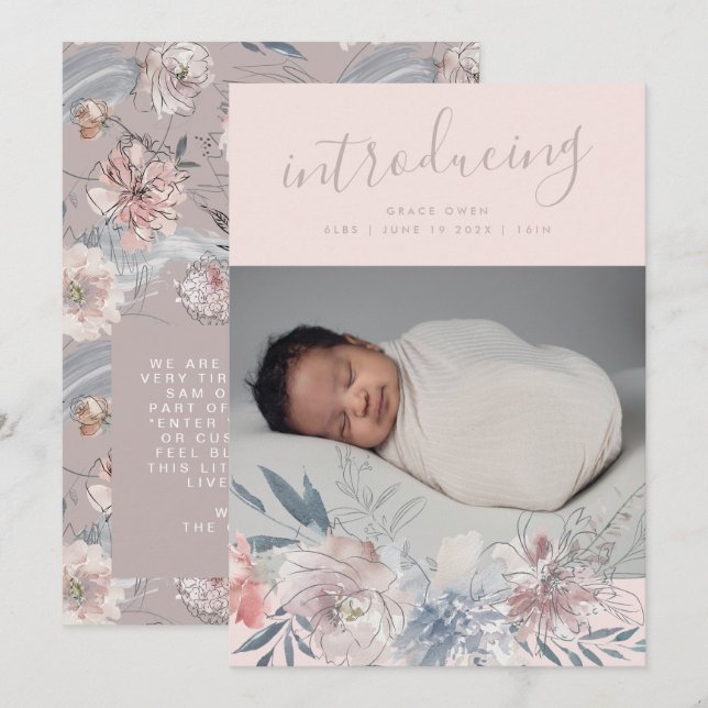 Pink Botanical Boho Pampas Florals Baby Girl Announcement (Front/Back)
