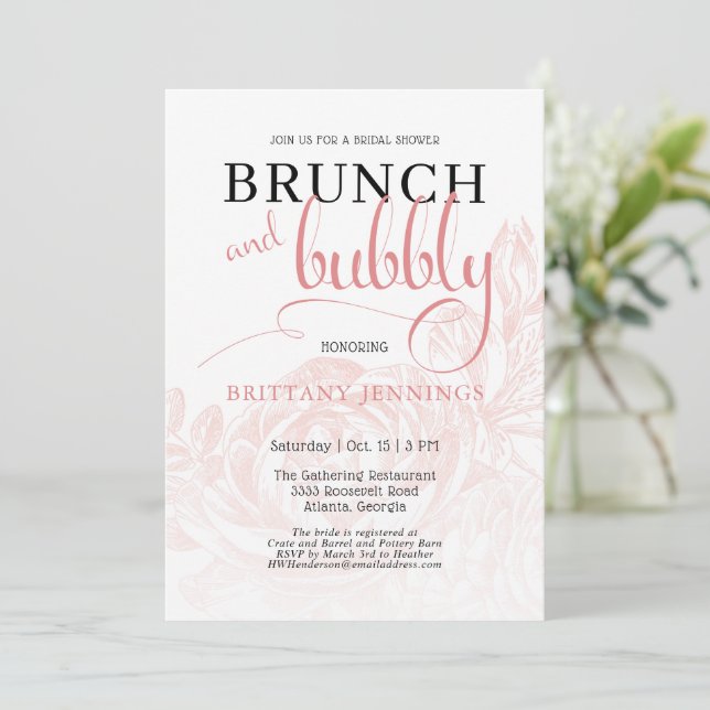 Pink Botanical Brunch and Bubbly Bridal Shower Invitation (Standing Front)