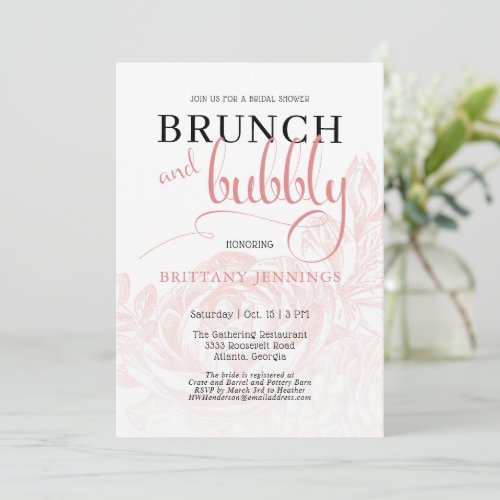 Pink Botanical Brunch and Bubbly Bridal Shower Invitation