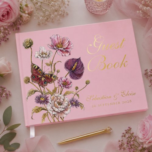 Pink Botanical Butterfly Floral Wedding Keepsake Foil Guest Book