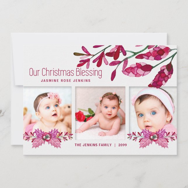 Pink Botanical Christmas Blessings 3 Photos Holiday Card (Front)