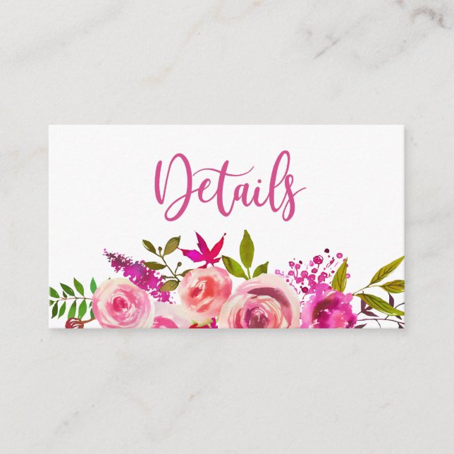 Pink Botanical Floral Wedding Details Info Enclosure Card (Front)
