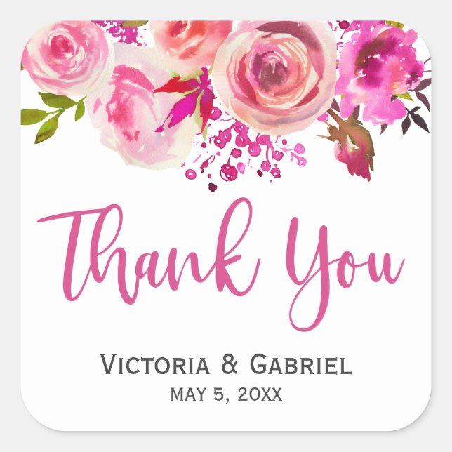Pink Botanical Floral Wedding Thank You Square Sticker (Front)