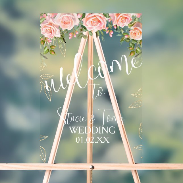 Pink Botanical Florals Gold Wedding Acrylic Sign (Neutral)