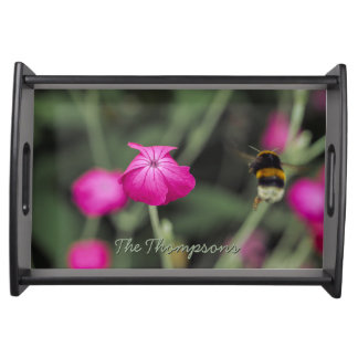Pink Botanical Flower And Bee Photo With Your Name Serving Tray