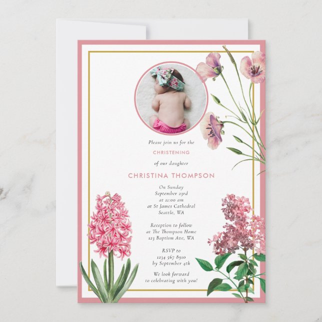Pink Botanical Gold Baptism Christening Girl Photo Invitation (Front)