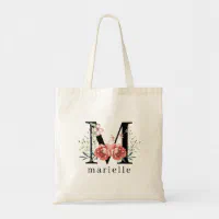 Black Letter N Monogram / Initial Botanical Illustration Tote Bag