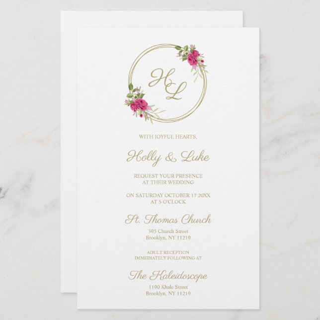 Pink Botanical Initials Elegant Wreath Wedding Pic (Front/Back)