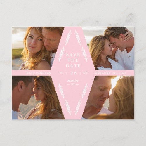 Pink Botanical Modern Collage 4 Photos Wedding Postcard