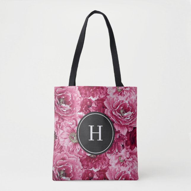 Pink Botanical Peonies Pattern Bridesmaid Monogram Tote Bag (Front)