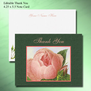Pink Botanical Rose Editable Thank You 4.25 x 5.5 Note Card