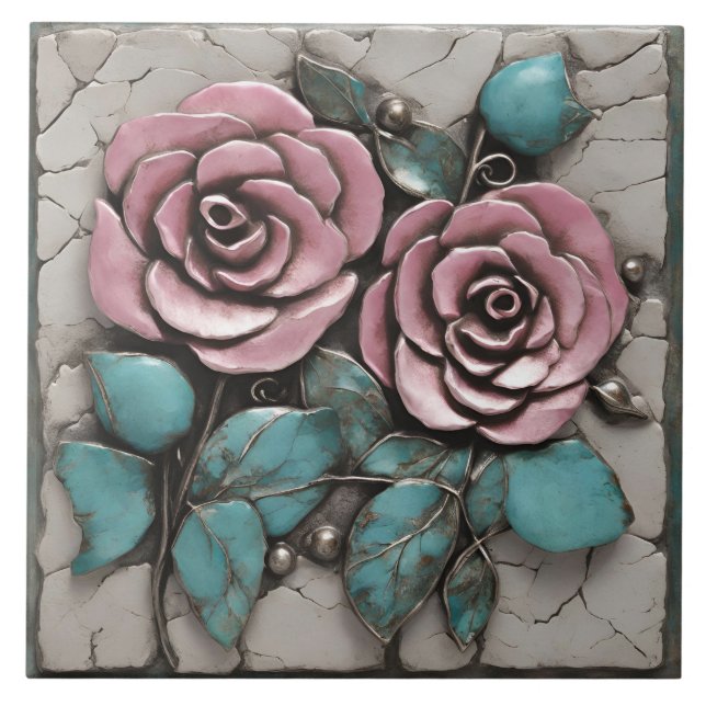 Pink Botanical Sculpture Layered Over white marble Ceramic Tile (Front)