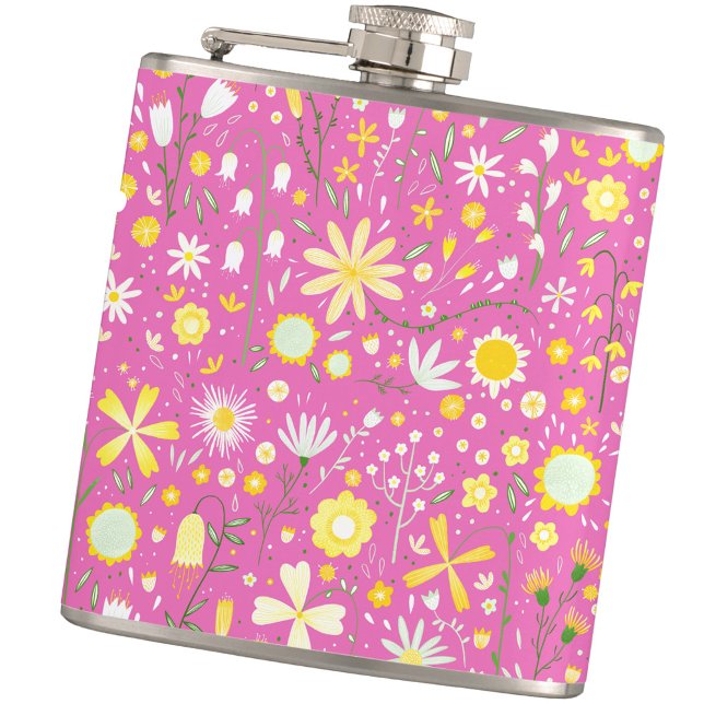 Pink Botanical Wildflower Floral Flask (Pink, white and yellow modern floral pattern keepsake hip flask)