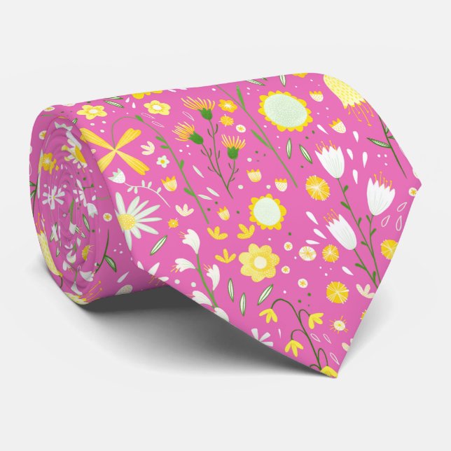 Pink Botanical Wildflower Floral Neck Tie (Rolled)