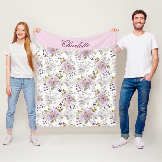 Pink Botanical Wildflower Monogram Name Fleece Blanket (In Situ)