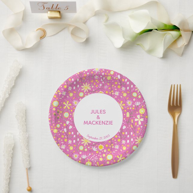 Pink Botanical Wildflower Paper Plates (Wedding)
