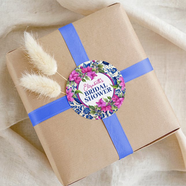 Pink Bougainvillea Blue Tile Bridal Shower Classic Round Sticker (Pink Bougainvillea Blue Tile Bridal Shower Classic Round Sticker)