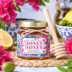 Pink Bougainvillea Blue Tile Bridal Shower Honey Jar Favors
