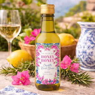 Pink Bougainvillea Blue Tile Bridal Shower Mini Wine Label