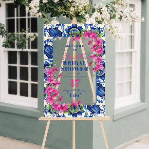 Pink Bougainvillea Blue Tile Bridal Shower Welcome Acrylic Sign