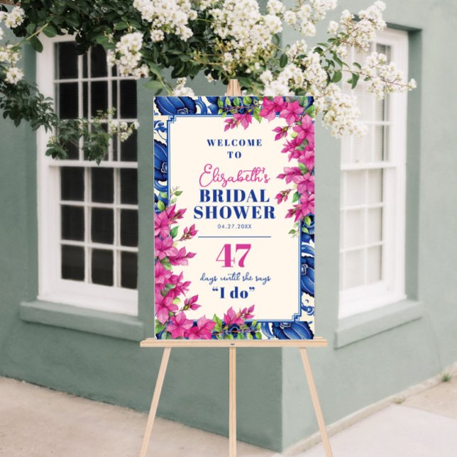 Pink Bougainvillea Blue Tile Bridal Shower Welcome Foam Board (Pink Bougainvillea Blue Tile Bridal Shower Welcome Foam Board)