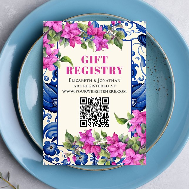 Pink Bougainvillea Blue Tile QR Gift Registry  Enclosure Card (Pink Bougainvillea Blue Tile QR Gift Registry Enclosure Card)