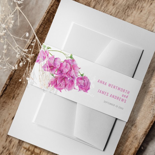 Pink bougainvillea botanical watercolor custom invitation belly band (Creator Uploaded)